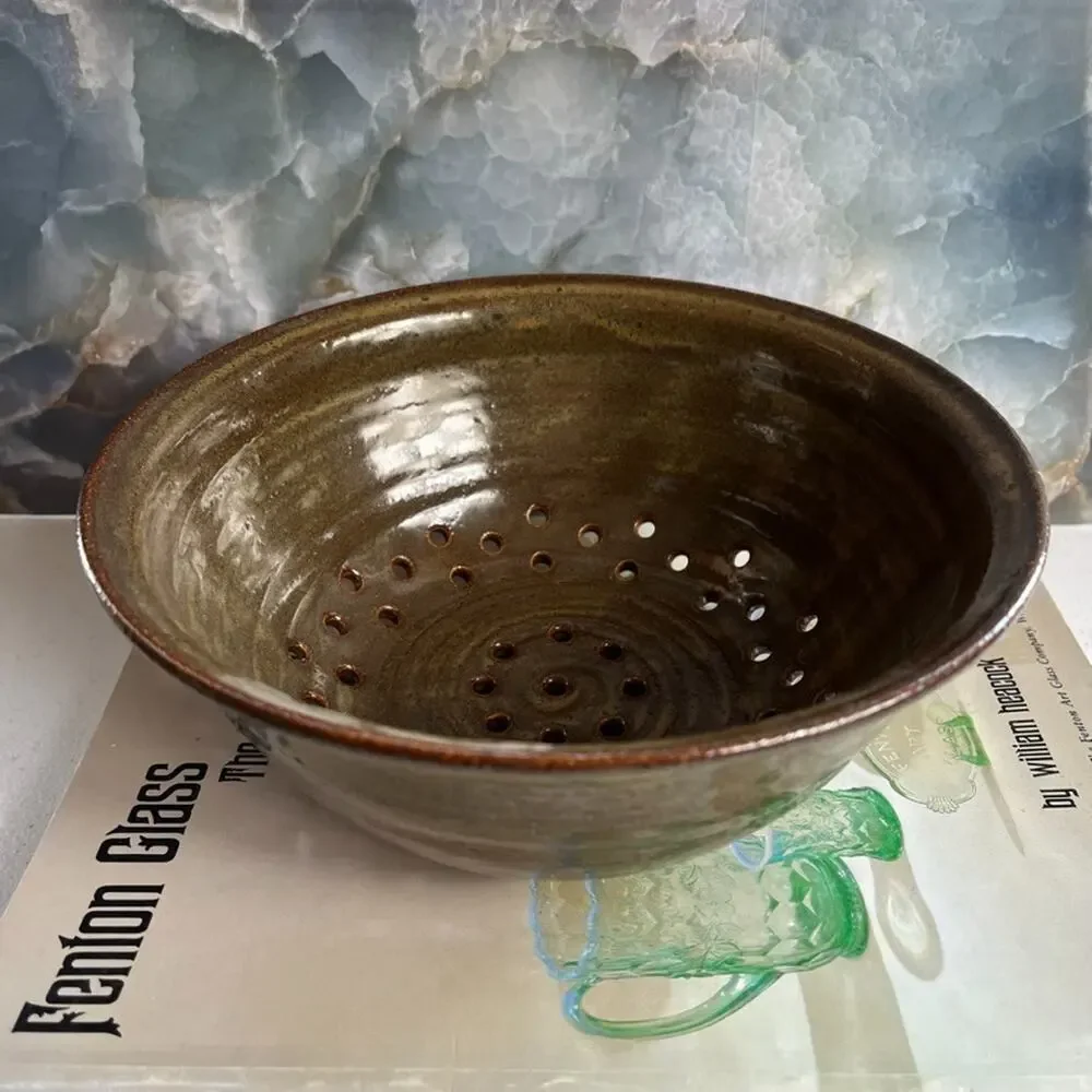 Studio Art Colander 8.5 in Stoneware Green Brown Rim Swirl Glazed Earth Toned